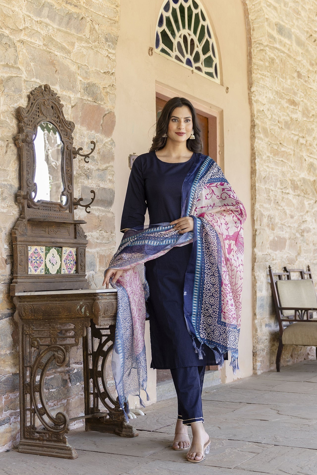 Women Navy Blue Kurta Set With Pants & Printed Dupatta | LASVINI - Redefining Indian Fashion with Elegance
