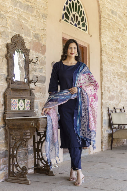 Women Navy Blue Kurta Set With Pants & Printed Dupatta | LASVINI - Redefining Indian Fashion with Elegance