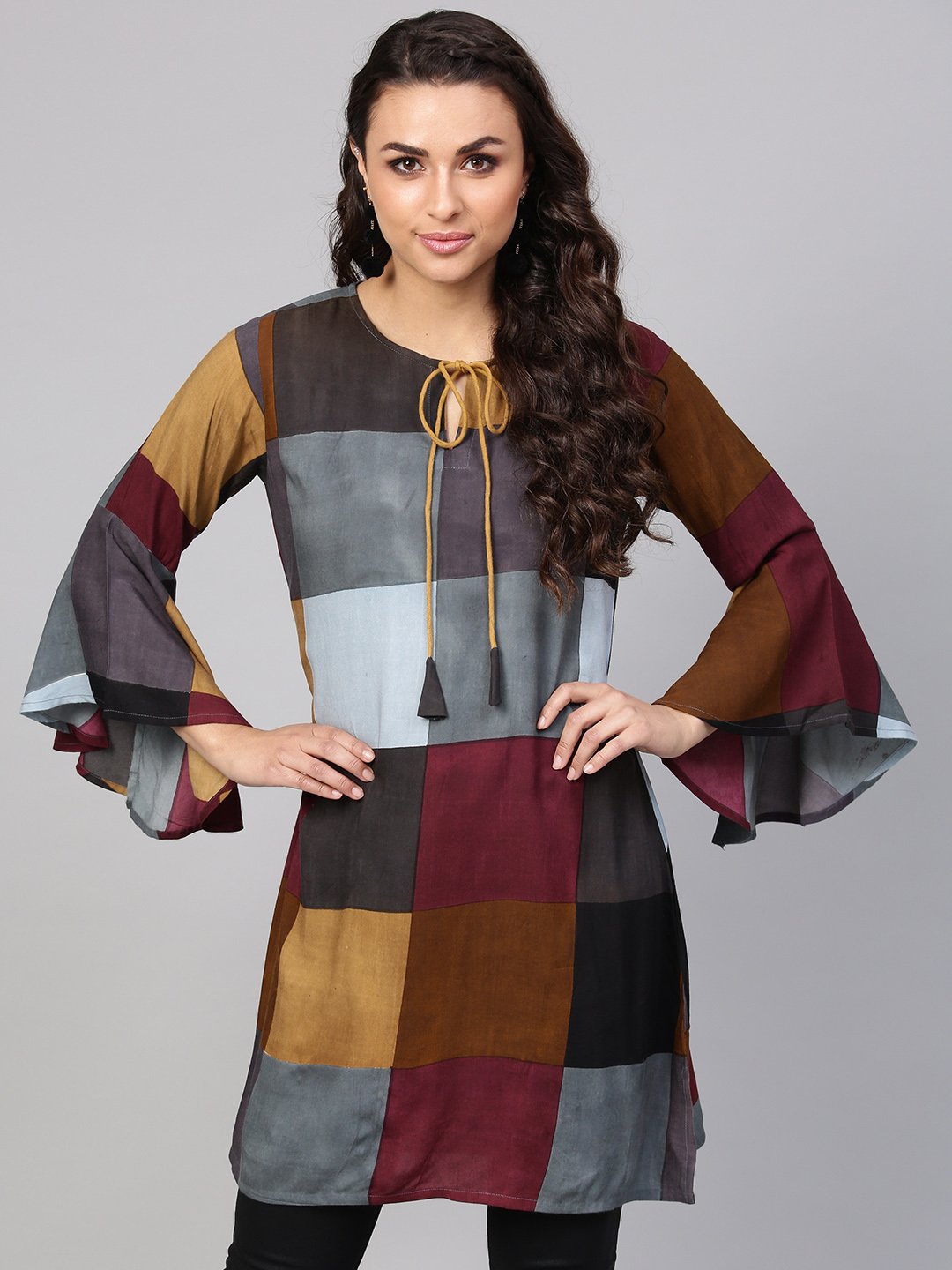 Multi-Colored Checked Tunic Key Hole Neck & Bell Sleeves | LASVINI - Redefining Indian Fashion with Elegance