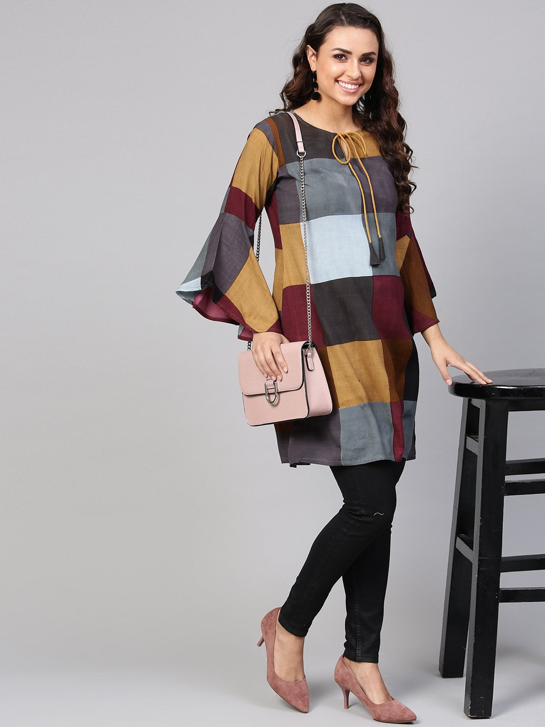 Multi-Colored Checked Tunic Key Hole Neck & Bell Sleeves | LASVINI - Redefining Indian Fashion with Elegance