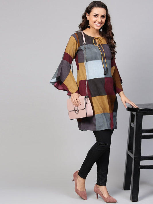 Multi-Colored Checked Tunic Key Hole Neck & Bell Sleeves | LASVINI - Redefining Indian Fashion with Elegance