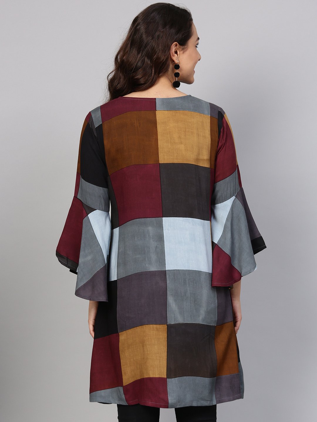 Multi-Colored Checked Tunic Key Hole Neck & Bell Sleeves | LASVINI - Redefining Indian Fashion with Elegance