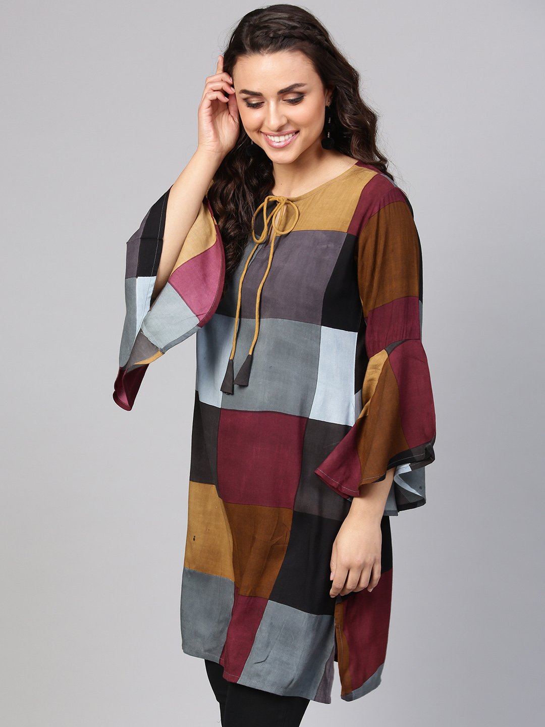 Multi-Colored Checked Tunic Key Hole Neck & Bell Sleeves | LASVINI - Redefining Indian Fashion with Elegance