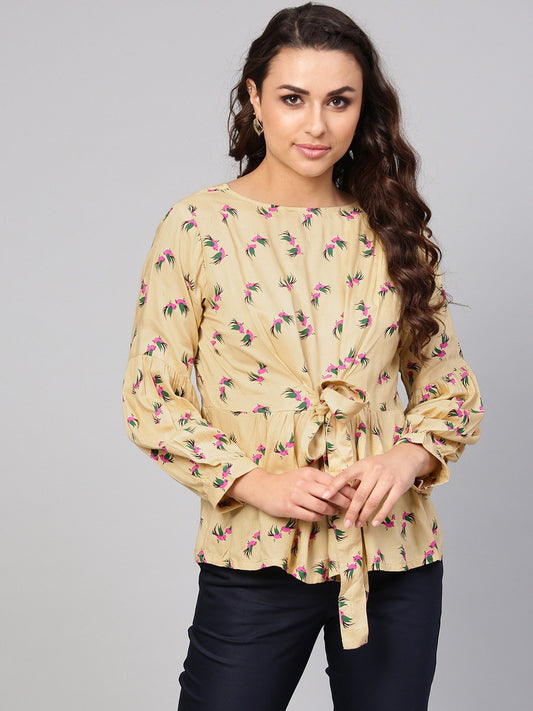 Beige Multi Colored Printed Knot Style Top With Round Neck | LASVINI - Redefining Indian Fashion with Elegance