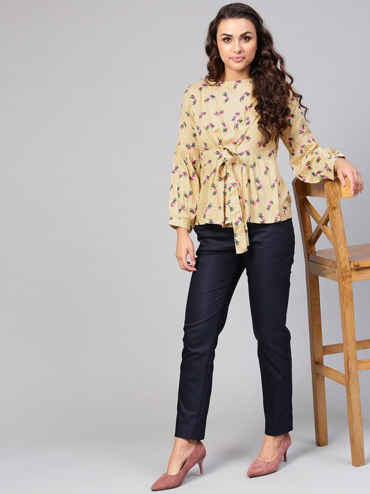 Beige Multi Colored Printed Knot Style Top With Round Neck | LASVINI - Redefining Indian Fashion with Elegance