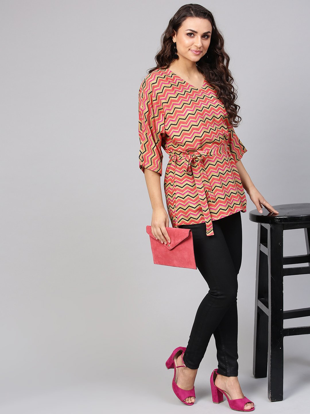 Multi Colored Zig Zac Printed Kimino Style Tunic | LASVINI - Redefining Indian Fashion with Elegance