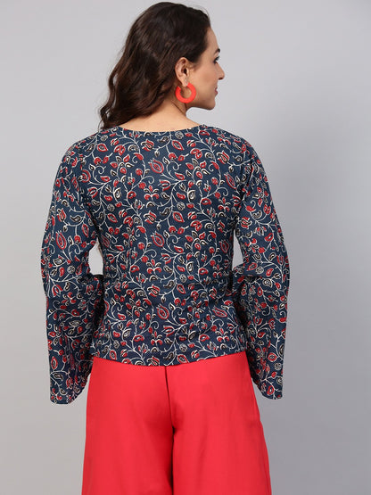 Indigo Blue Geometric Printed Top With V Neck & Flared Sleeves | LASVINI - Redefining Indian Fashion with Elegance