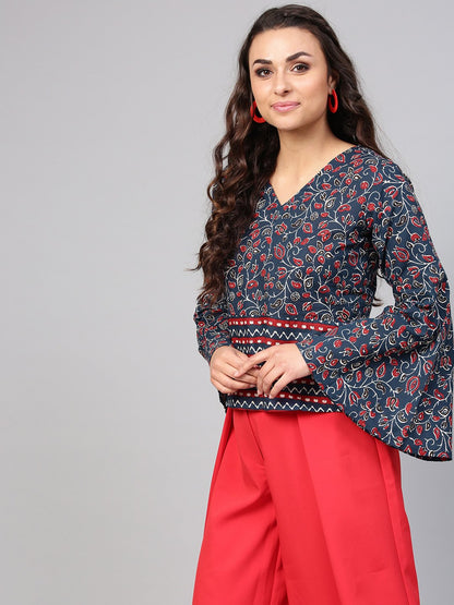 Indigo Blue Geometric Printed Top With V Neck & Flared Sleeves | LASVINI - Redefining Indian Fashion with Elegance