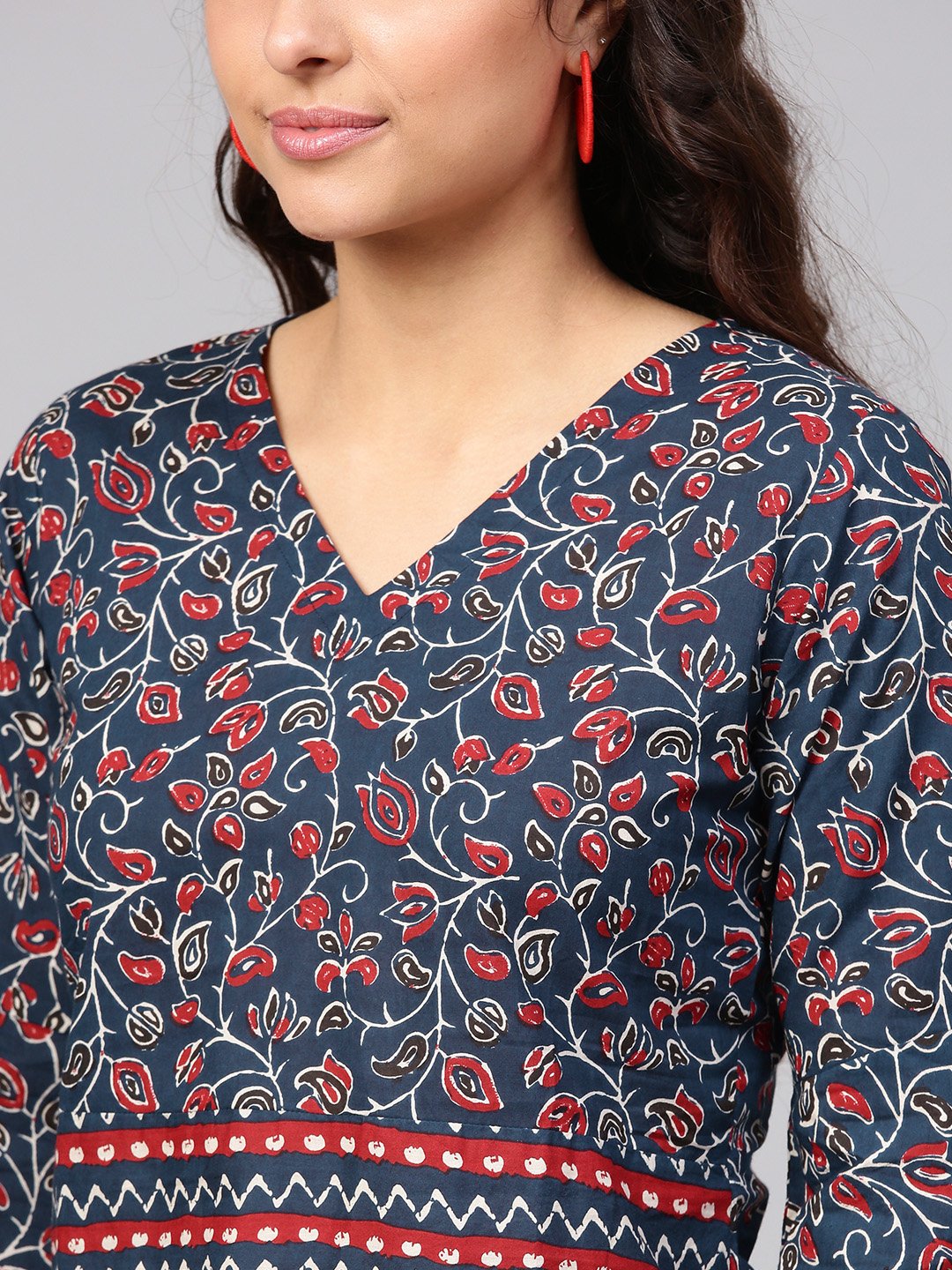 Indigo Blue Geometric Printed Top With V Neck & Flared Sleeves | LASVINI - Redefining Indian Fashion with Elegance