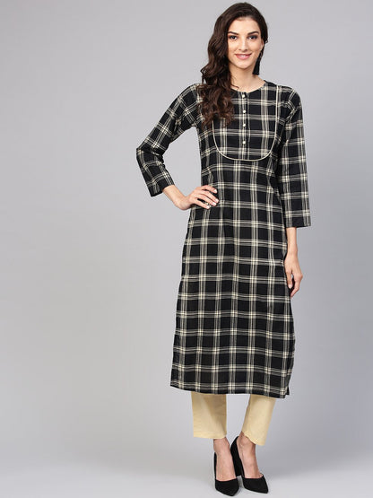 Black & Cream Checked Kurta Set With Solid Cream Pants | LASVINI - Redefining Indian Fashion with Elegance