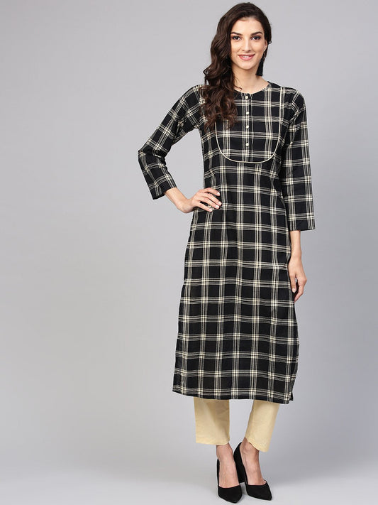 Black & Cream Checked Kurta Set With Solid Cream Pants | LASVINI - Redefining Indian Fashion with Elegance