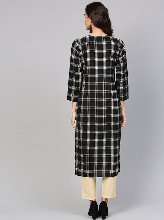 Black & Cream Checked Kurta Set With Solid Cream Pants | LASVINI - Redefining Indian Fashion with Elegance