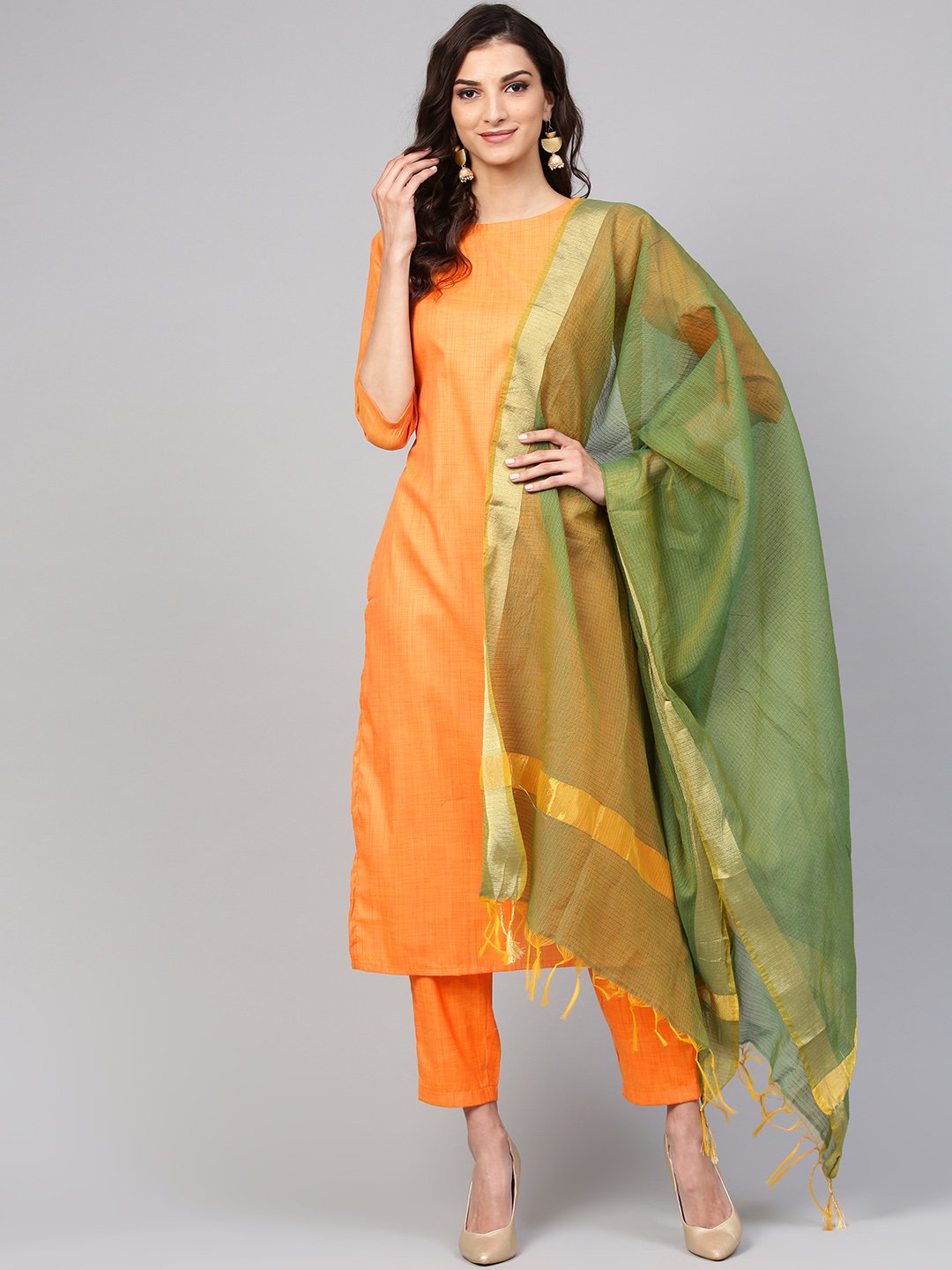 Light  Orange Kurta Set With Pants & Green Contrasting Dupatta | LASVINI - Redefining Indian Fashion with Elegance