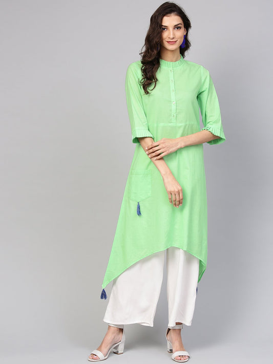 Cotton Pastel Mint Green Handkerchief Kurta With Pleated High Neck & 3/4 Sleeves | LASVINI - Redefining Indian Fashion with Elegance
