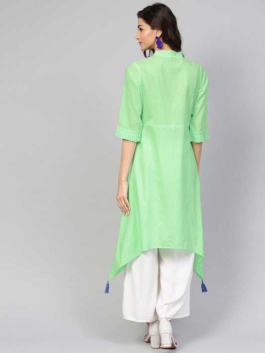 Cotton Pastel Mint Green Handkerchief Kurta With Pleated High Neck & 3/4 Sleeves | LASVINI - Redefining Indian Fashion with Elegance