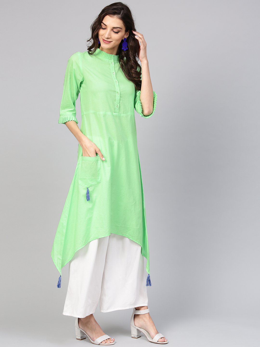 Cotton Pastel Mint Green Handkerchief Kurta With Pleated High Neck & 3/4 Sleeves | LASVINI - Redefining Indian Fashion with Elegance