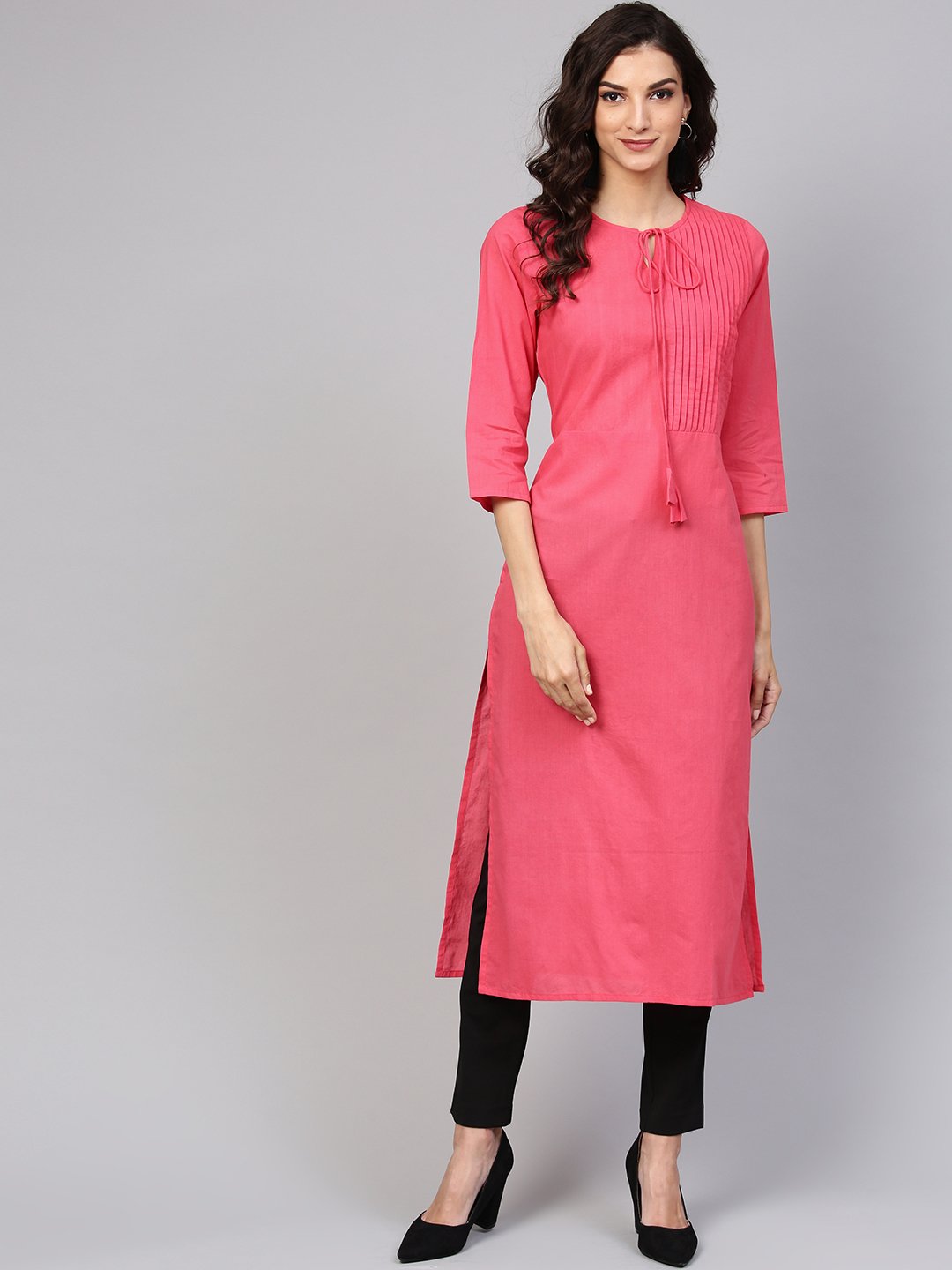 Cotton Pink Even Pleated Yoke With Keyhole Neckline & 3/4 Sleeves | LASVINI - Redefining Indian Fashion with Elegance