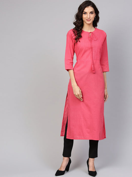 Cotton Pink Even Pleated Yoke With Keyhole Neckline & 3/4 Sleeves | LASVINI - Redefining Indian Fashion with Elegance