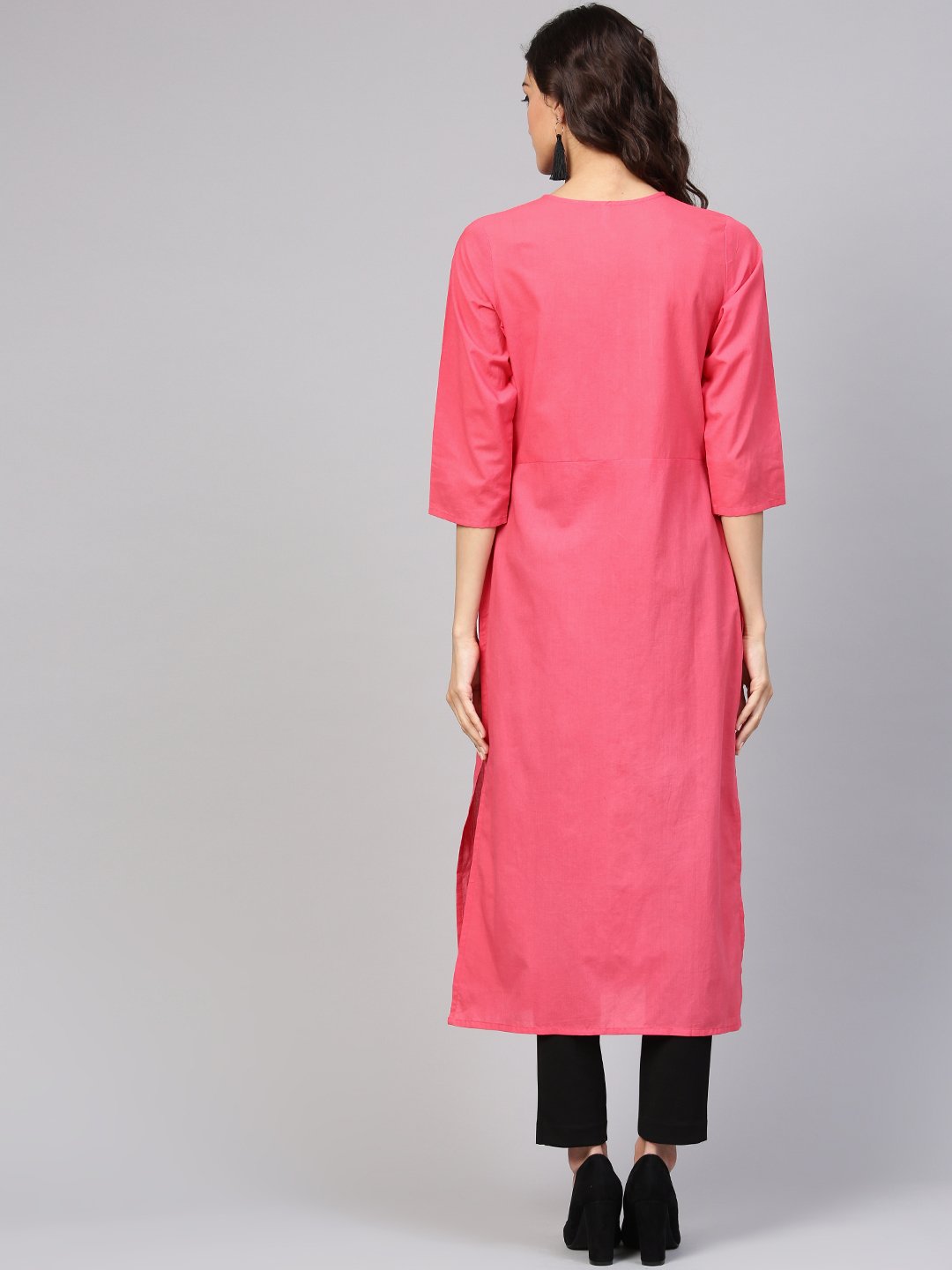 Cotton Pink Even Pleated Yoke With Keyhole Neckline & 3/4 Sleeves | LASVINI - Redefining Indian Fashion with Elegance