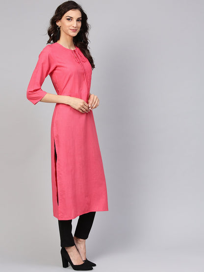 Cotton Pink Even Pleated Yoke With Keyhole Neckline & 3/4 Sleeves | LASVINI - Redefining Indian Fashion with Elegance