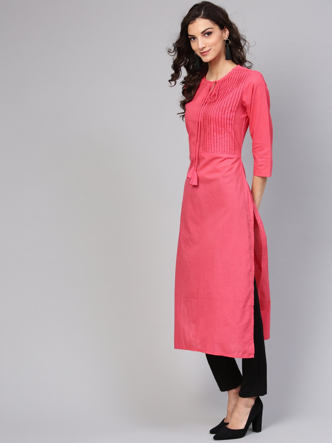 Cotton Pink Even Pleated Yoke With Keyhole Neckline & 3/4 Sleeves | LASVINI - Redefining Indian Fashion with Elegance