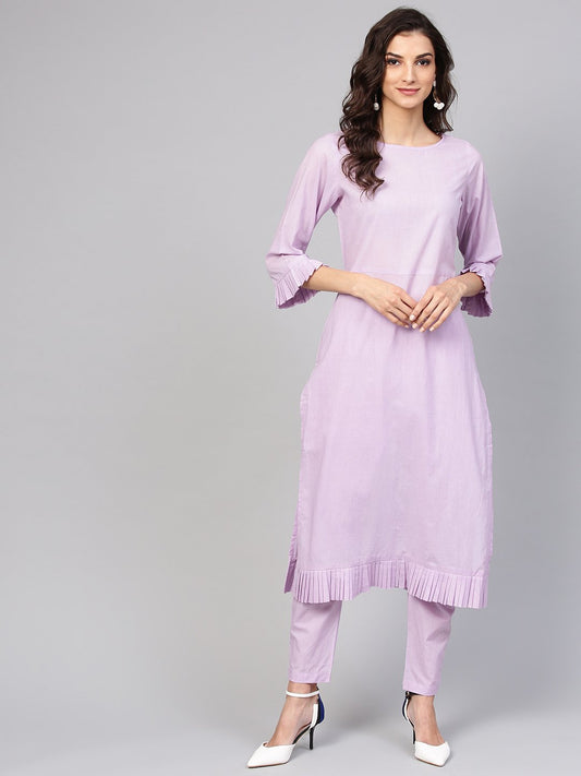 Lavender Cotton Kurta Set With Detailed 3/4 Sleeves | LASVINI - Redefining Indian Fashion with Elegance
