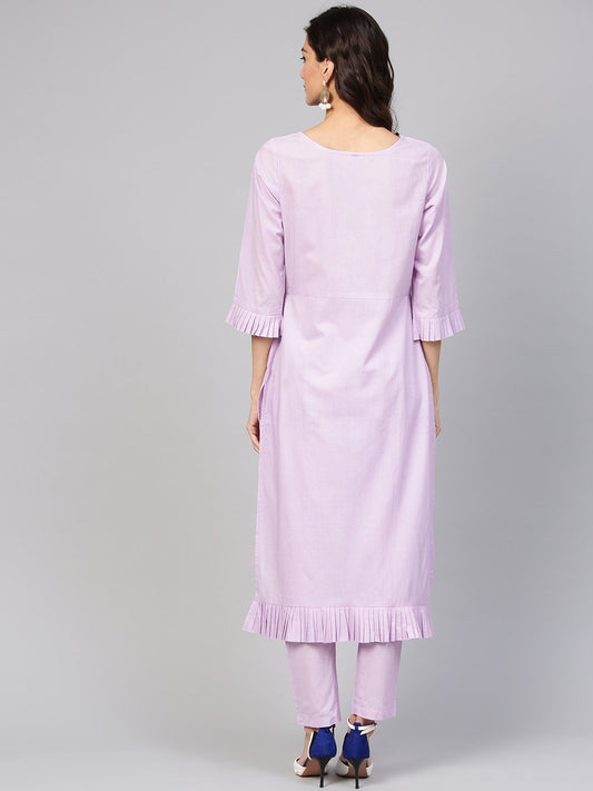 Lavender Cotton Kurta Set With Detailed 3/4 Sleeves | LASVINI - Redefining Indian Fashion with Elegance