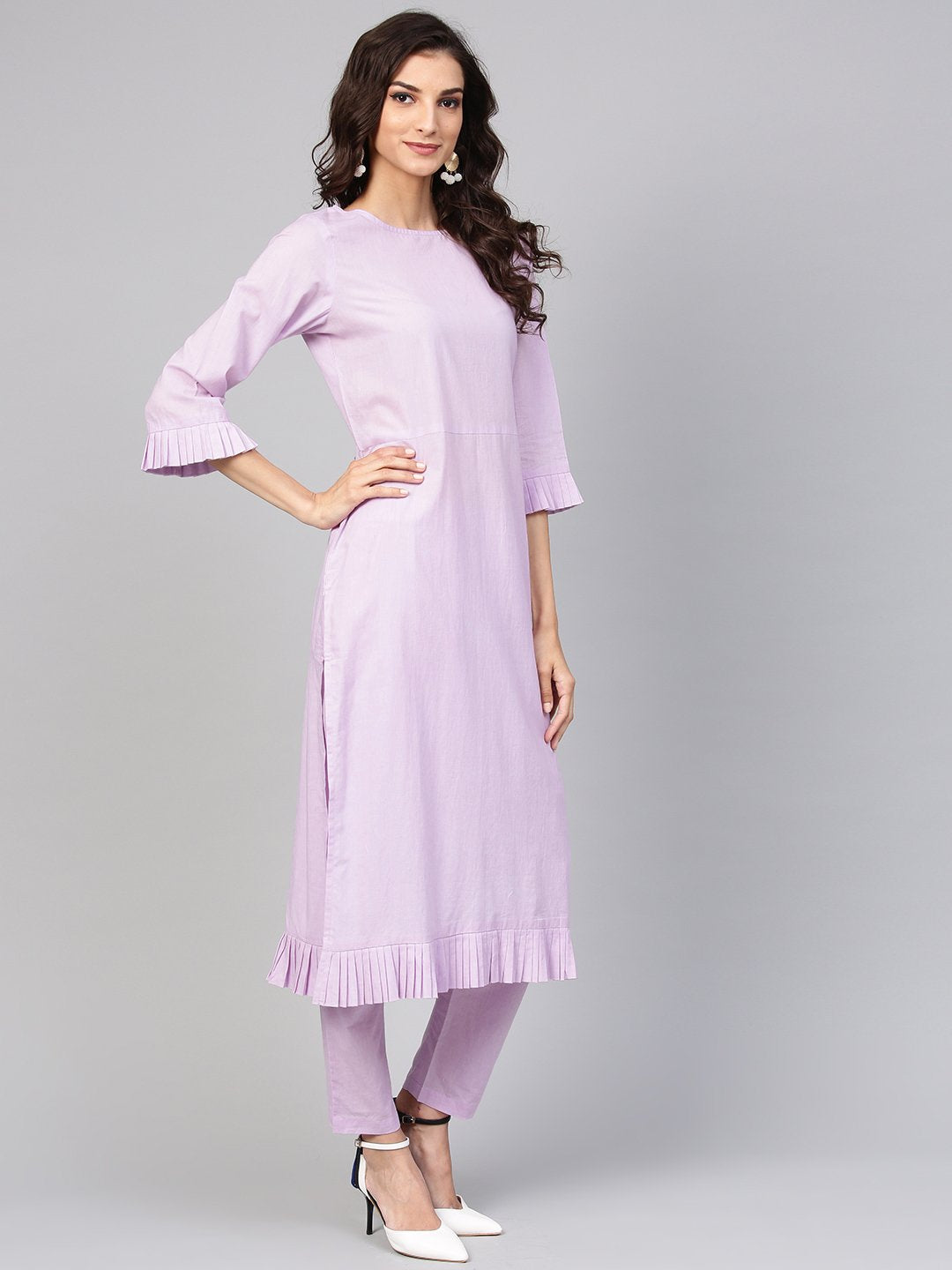Lavender Cotton Kurta Set With Detailed 3/4 Sleeves | LASVINI - Redefining Indian Fashion with Elegance