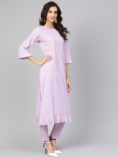 Lavender Cotton Kurta Set With Detailed 3/4 Sleeves | LASVINI - Redefining Indian Fashion with Elegance