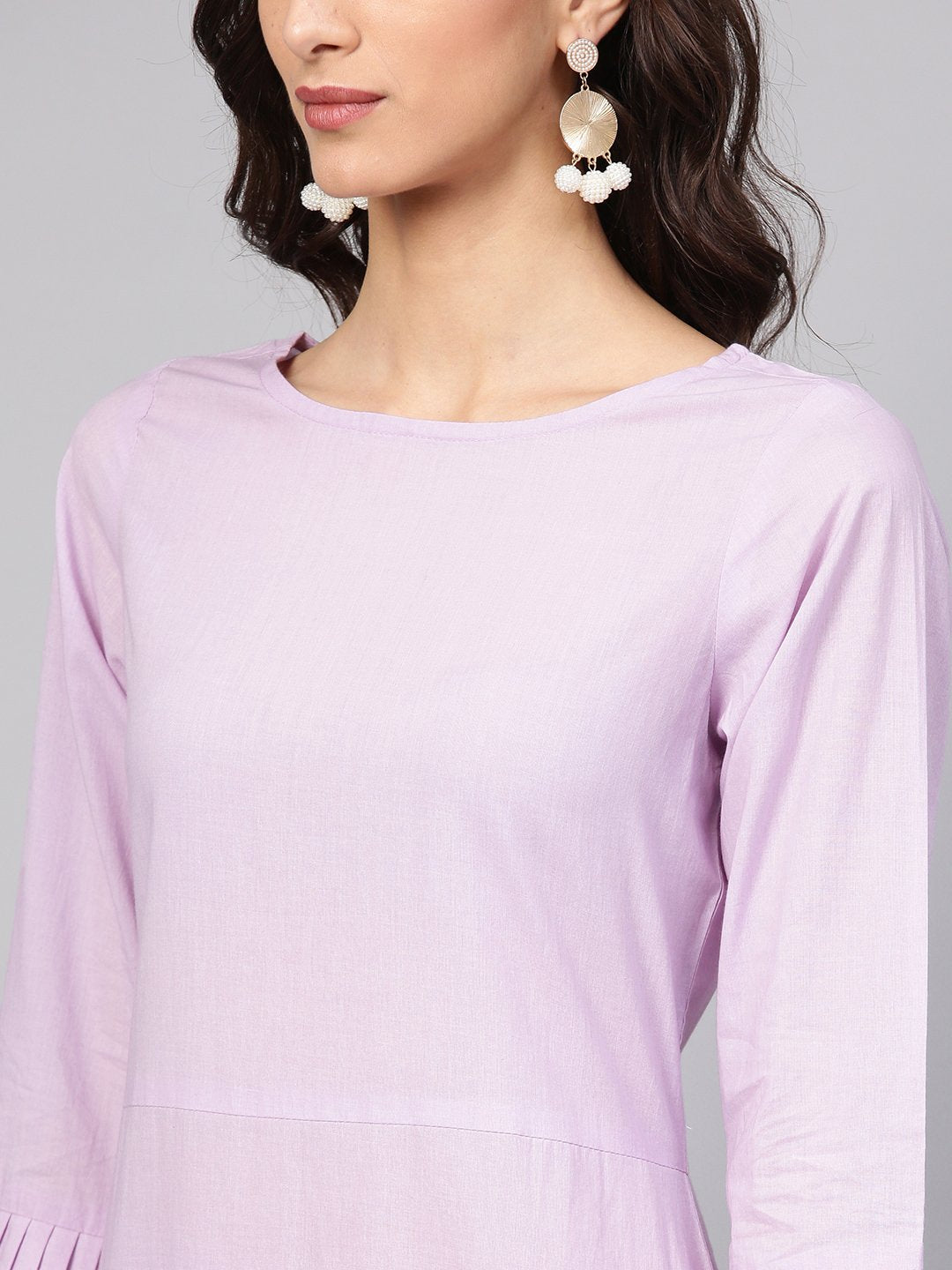 Lavender Cotton Kurta Set With Detailed 3/4 Sleeves | LASVINI - Redefining Indian Fashion with Elegance