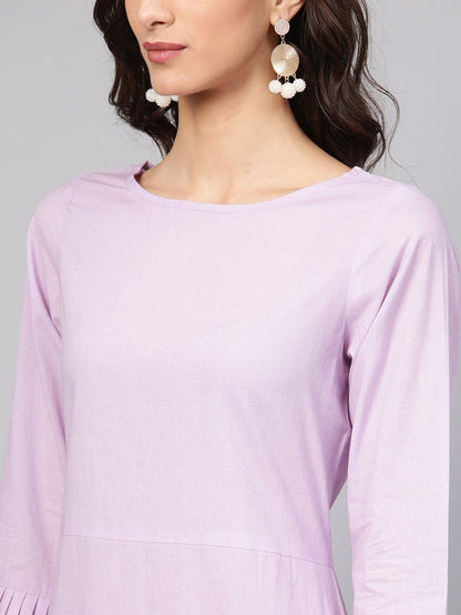 Lavender Cotton Kurta Set With Detailed 3/4 Sleeves | LASVINI - Redefining Indian Fashion with Elegance