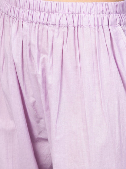 Lavender Cotton Kurta Set With Detailed 3/4 Sleeves | LASVINI - Redefining Indian Fashion with Elegance