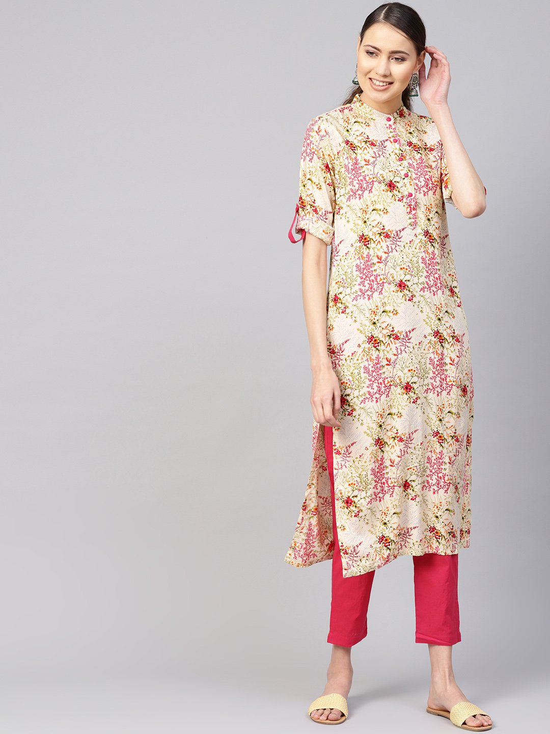 Women Cream-Coloured & Pink Printed Kurta With Trousers | LASVINI - Redefining Indian Fashion with Elegance