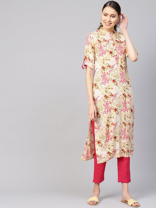 Women Cream-Coloured & Pink Printed Kurta With Trousers | LASVINI - Redefining Indian Fashion with Elegance