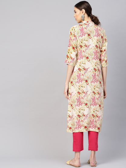 Women Cream-Coloured & Pink Printed Kurta With Trousers | LASVINI - Redefining Indian Fashion with Elegance