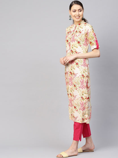 Women Cream-Coloured & Pink Printed Kurta With Trousers | LASVINI - Redefining Indian Fashion with Elegance