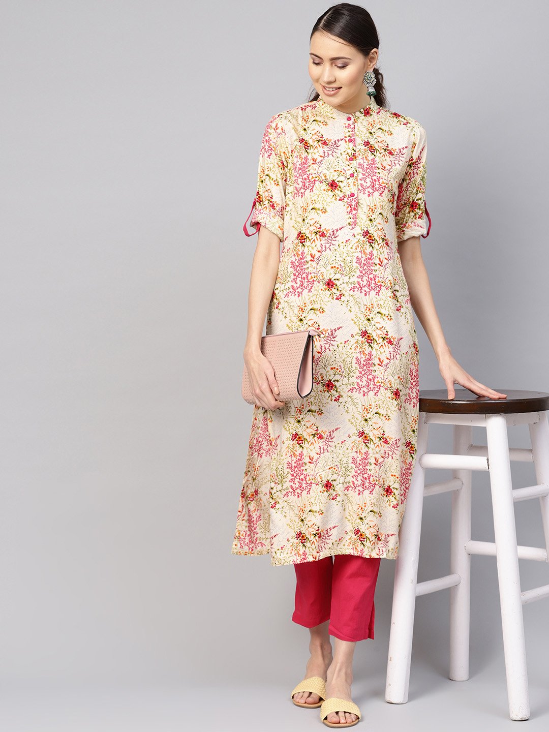 Women Cream-Coloured & Pink Printed Kurta With Trousers | LASVINI - Redefining Indian Fashion with Elegance