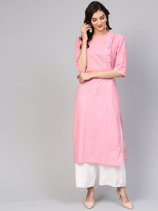 Baby Pink Round Neck Cotton Kurta With Side Yoke & 3/4 Sleeves | LASVINI - Redefining Indian Fashion with Elegance