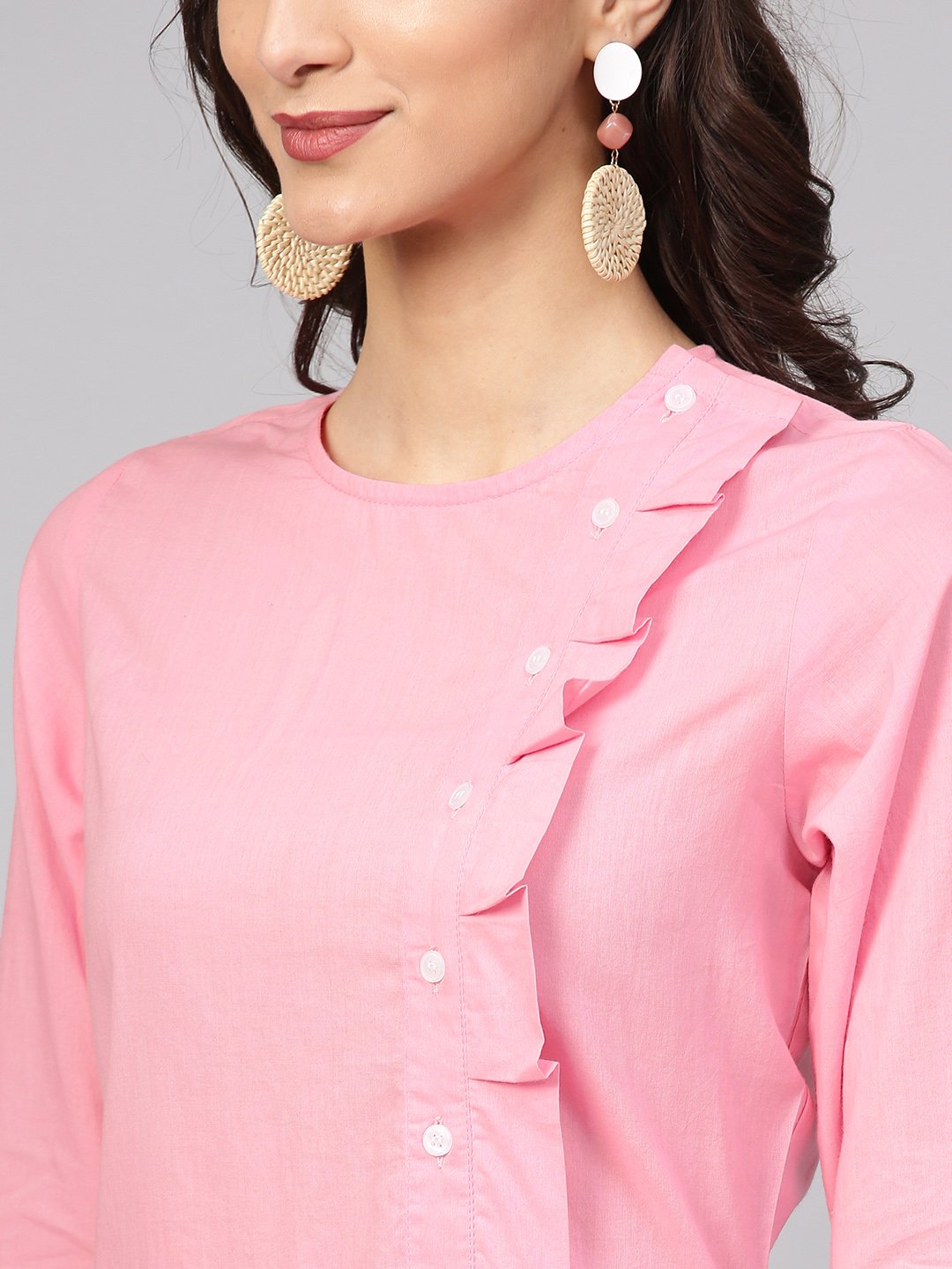 Baby Pink Round Neck Cotton Kurta With Side Yoke & 3/4 Sleeves | LASVINI - Redefining Indian Fashion with Elegance
