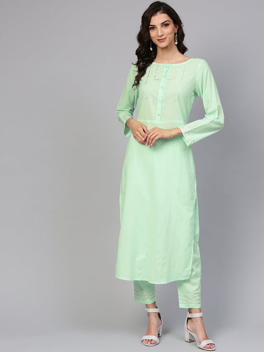 Cotton Round Neck Pastel Mint Green Straight Kurta With Front Placket & 3/4 Sleeves | LASVINI - Redefining Indian Fashion with Elegance
