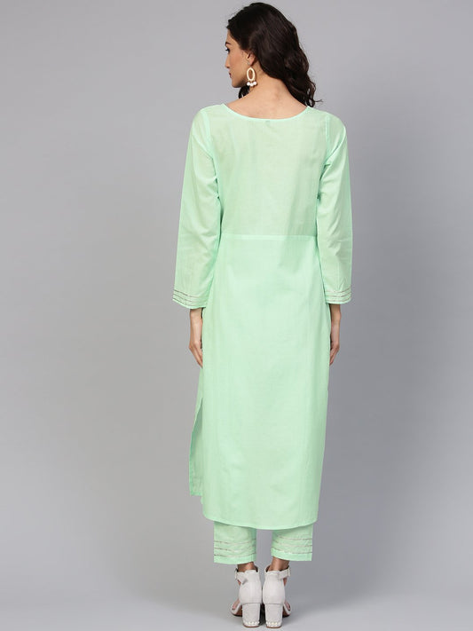 Cotton Round Neck Pastel Mint Green Straight Kurta With Front Placket & 3/4 Sleeves | LASVINI - Redefining Indian Fashion with Elegance