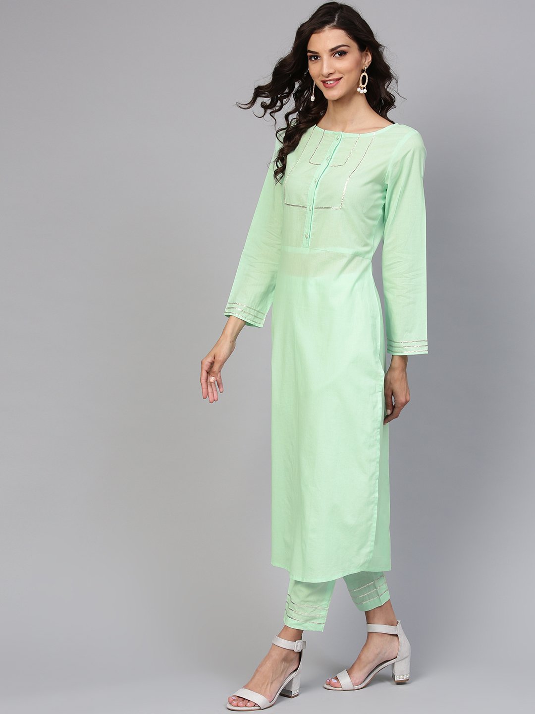 Cotton Round Neck Pastel Mint Green Straight Kurta With Front Placket & 3/4 Sleeves | LASVINI - Redefining Indian Fashion with Elegance