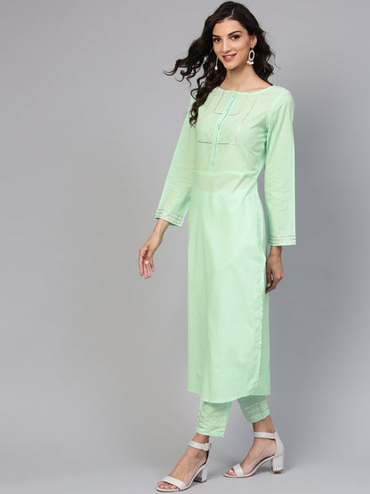 Cotton Round Neck Pastel Mint Green Straight Kurta With Front Placket & 3/4 Sleeves | LASVINI - Redefining Indian Fashion with Elegance