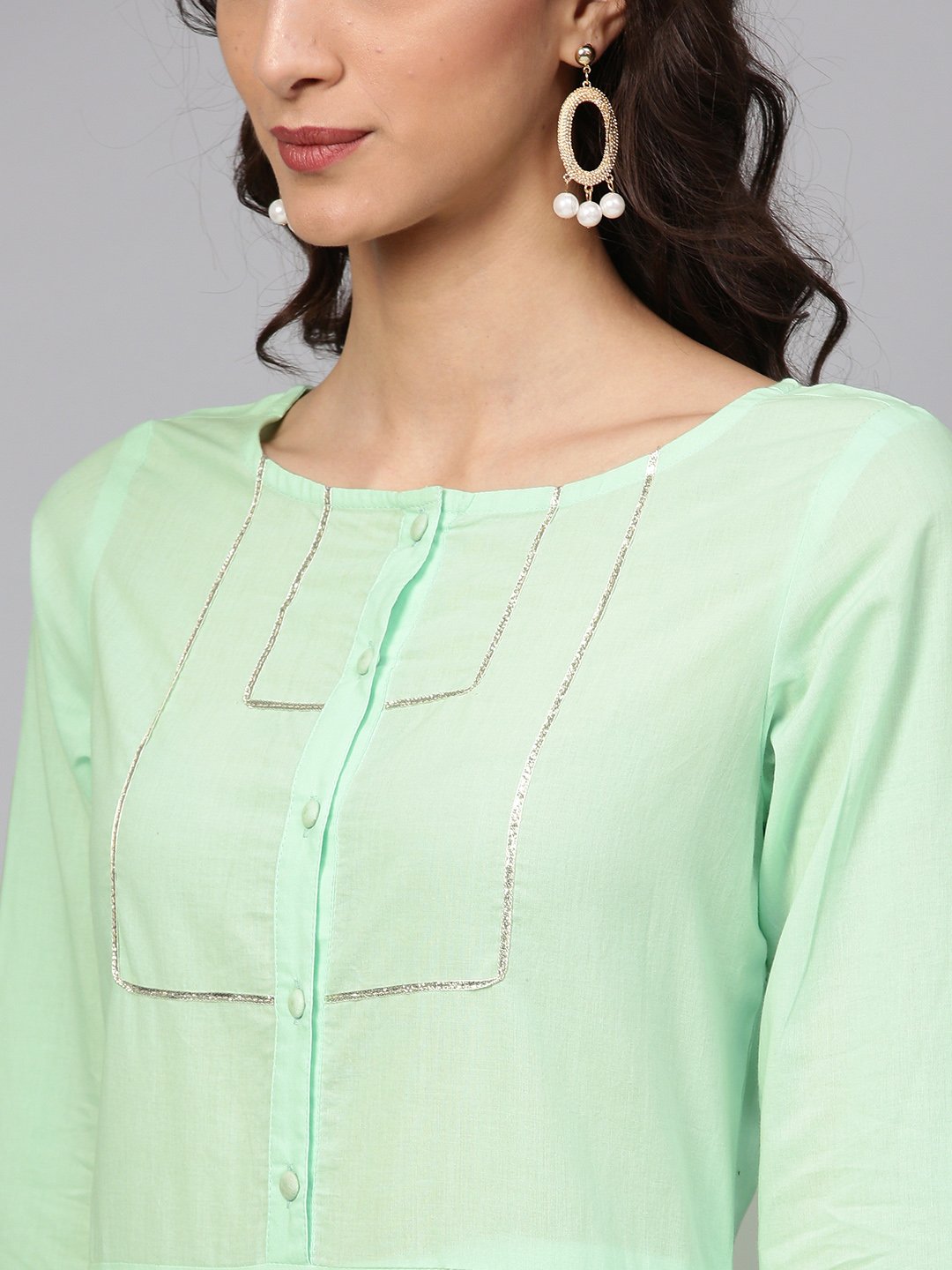 Cotton Round Neck Pastel Mint Green Straight Kurta With Front Placket & 3/4 Sleeves | LASVINI - Redefining Indian Fashion with Elegance