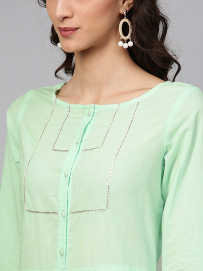 Cotton Round Neck Pastel Mint Green Straight Kurta With Front Placket & 3/4 Sleeves | LASVINI - Redefining Indian Fashion with Elegance