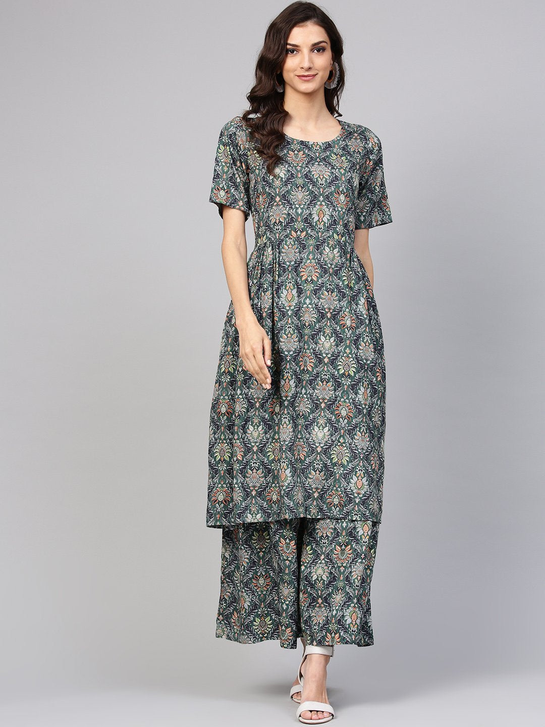 Dark Green Pleated Anarkali Kurta With Ankle Length Palazzo | LASVINI - Redefining Indian Fashion with Elegance