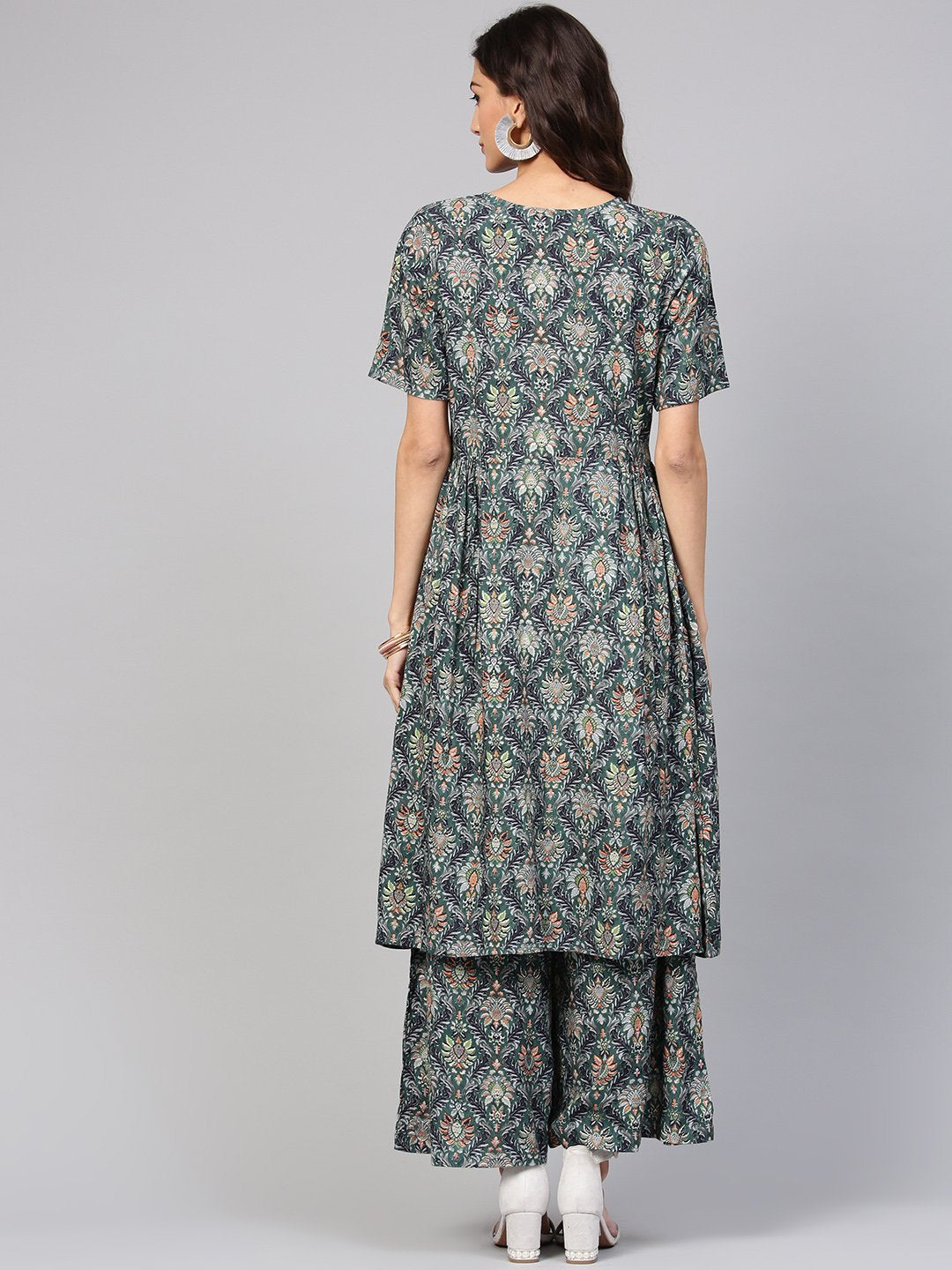 Dark Green Pleated Anarkali Kurta With Ankle Length Palazzo | LASVINI - Redefining Indian Fashion with Elegance