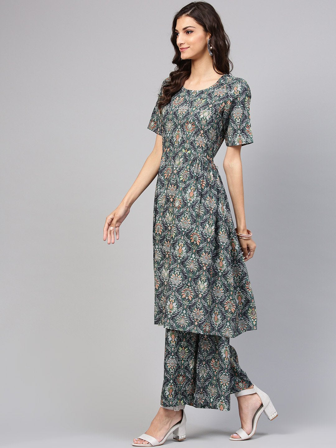 Dark Green Pleated Anarkali Kurta With Ankle Length Palazzo | LASVINI - Redefining Indian Fashion with Elegance