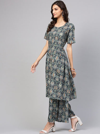 Dark Green Pleated Anarkali Kurta With Ankle Length Palazzo | LASVINI - Redefining Indian Fashion with Elegance