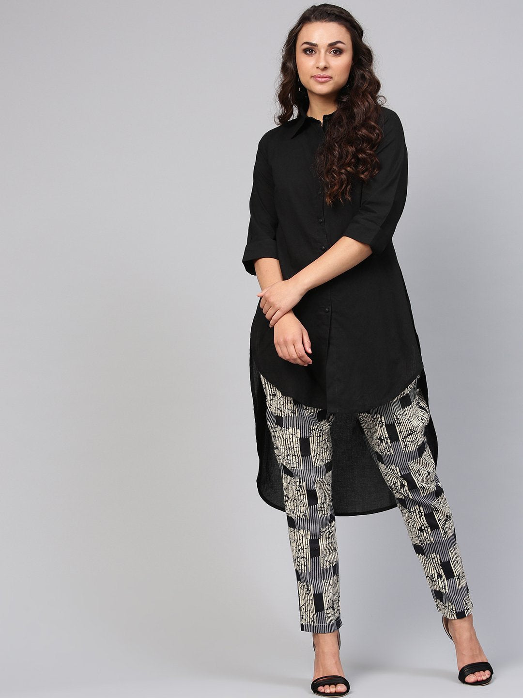 Solid Black High-Low Kurta Set With Printed Pants | LASVINI - Redefining Indian Fashion with Elegance